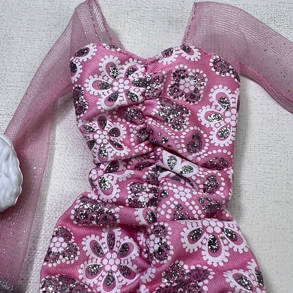 Barbie Pink Glitter Floral Ruched Dress Sheer Sleeves and White Purse Accessory